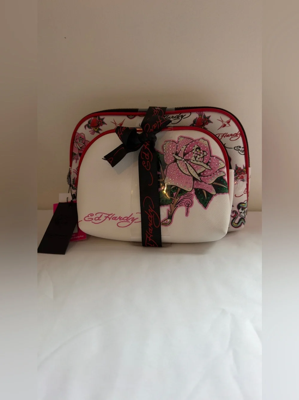 Ed Hardy White & Pink Floral Rhinestone Cosmetic Pouch Set